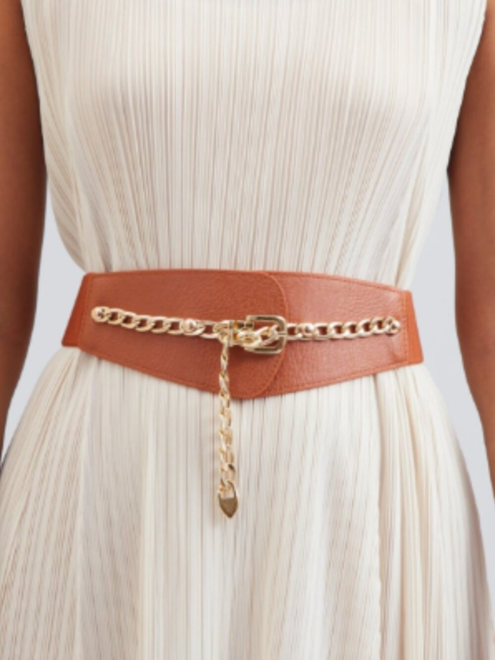 Chain-Accent Elastic Waist Belt in Tan